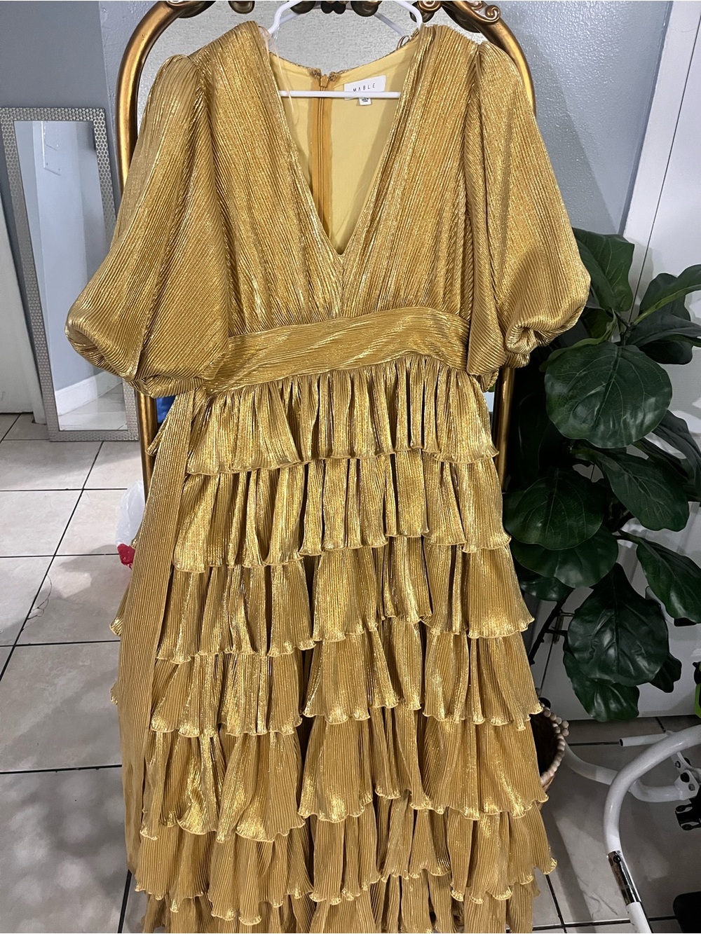 N/A Gold Tiered Ruffle Maxi Dress
